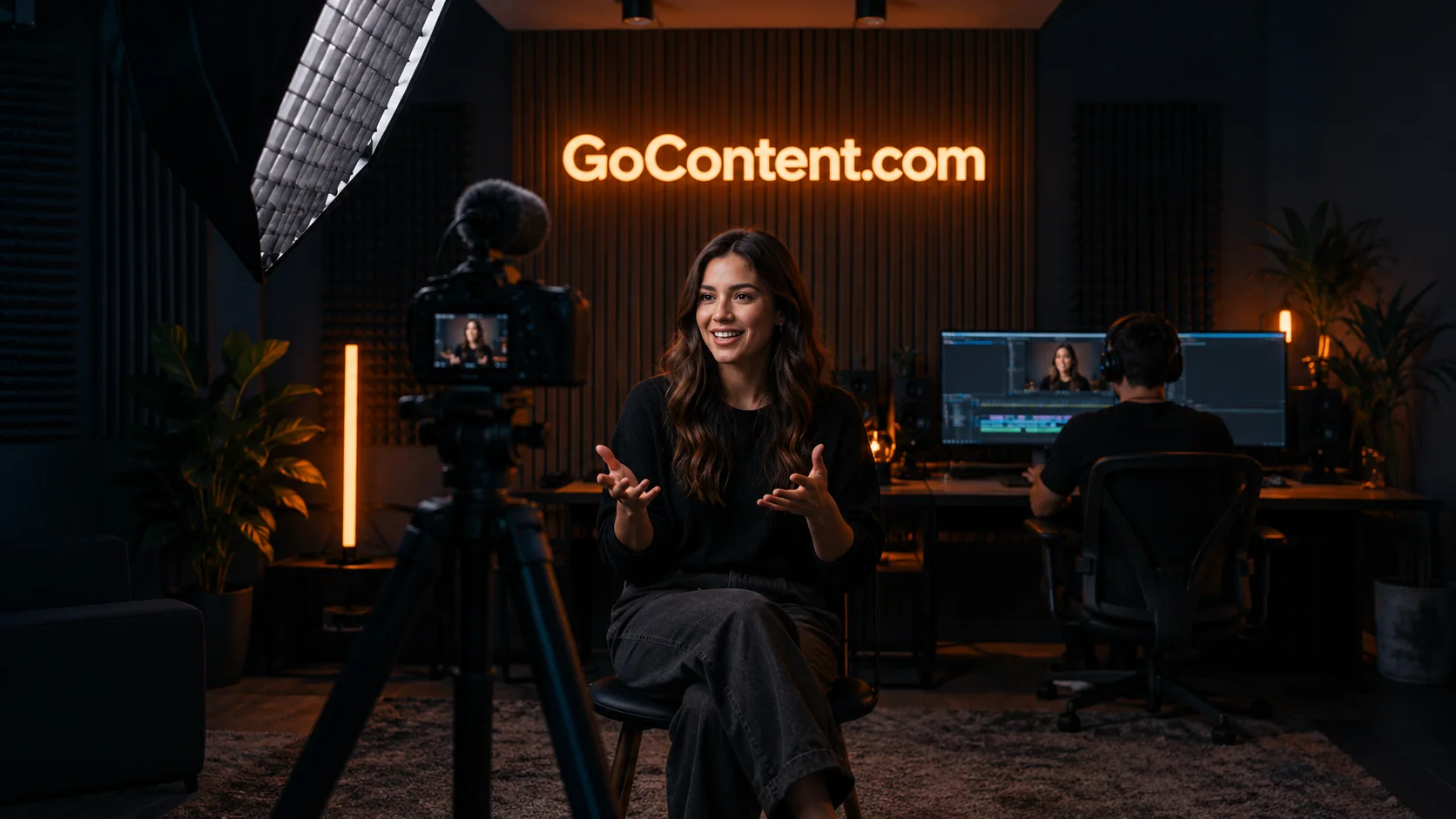 A presenter recording in a warmly lit production studio with cameras, editing monitors and a GoContent.com LED sign.
