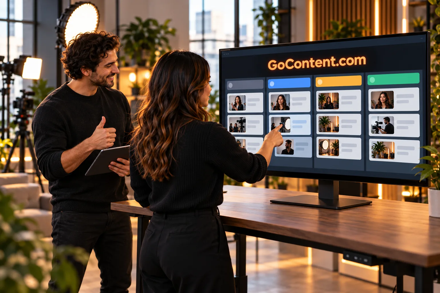 A content editor reviews video assets on a monitor beside GoContent.com branding.