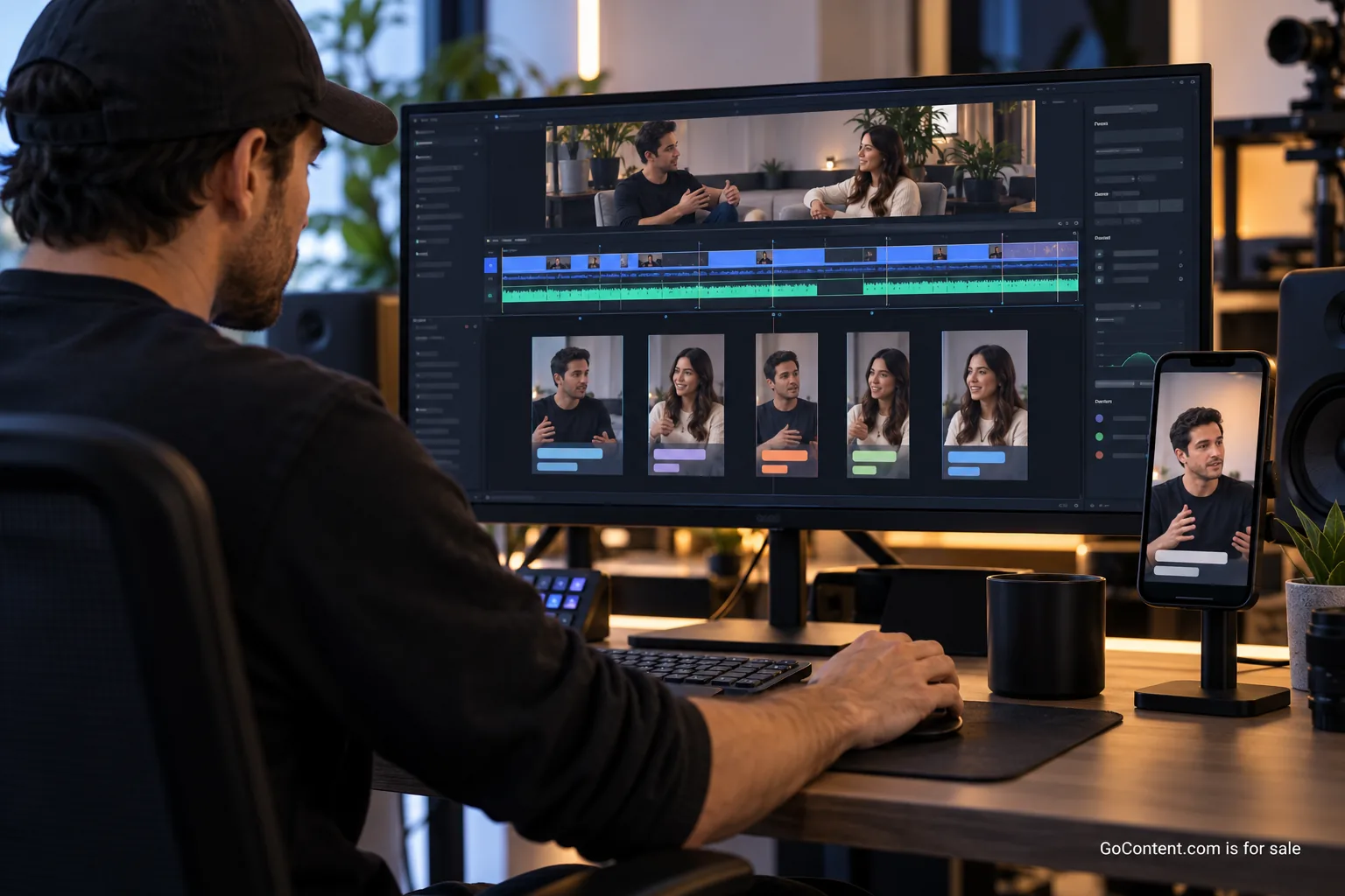 An editor selects short clips from a long video on editing monitors, with a GoContent.com is for sale watermark.
